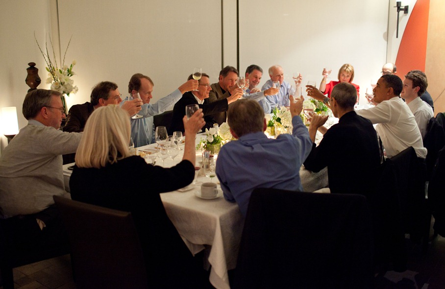President Barack Obama joins a toast with Technology Business Leaders at a dinner in Woodside, California, Feb. 17, 2011.  (Official White House Photo by Pete Souza) This official White House photograph is being made available only for publication by news organizations and/or for personal use printing by the subject(s) of the photograph. The photograph may not be manipulated in any way and may not be used in commercial or political materials, advertisements, emails, products, promotions that in any way suggests approval or endorsement of the President, the First Family, or the White House.